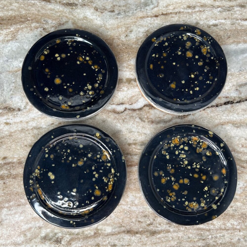 Stoneware Glazed Coasters Mottled Speckled Partridge Feather Spots Set of 4
